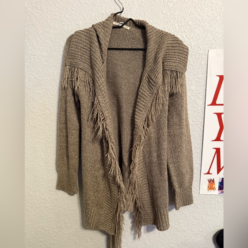 Carolyn Taylor Taupe Fringe Cardigan Sweater